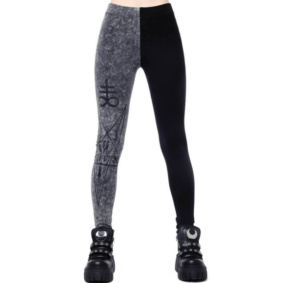 Killstar Witch Leggings ✦ Two-Faced Graphic Stretch ✦ Black & Grey Alt-Core NWT - Picture 2 of 8